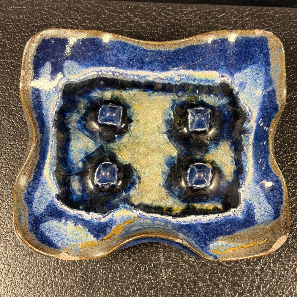 Vintage Studio Pottery Melted Glass Dish Brutalist Blue Ceramic Mid Century MCM